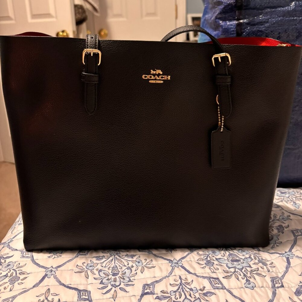 COACH Mollie Tote, black pebbled leather w/red interior & gold zips